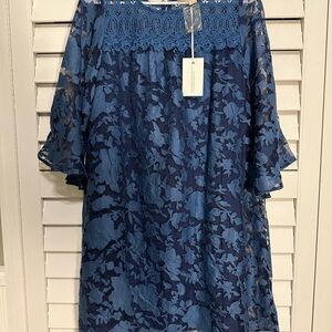 Blue Lace Dress with 3/4 Sleeves for Wedding Guest